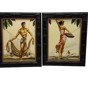 Polynesian Hawaiian Net Fisherman woman in sarong pair wall art framed Eric Gill
